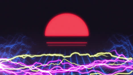 Neon-elektrische-Ströme-über-Der-Roten-Aufgehenden-Sonne-Mit-Verzerrtem-Blauen-Gitter-Darunter-Auf-Schwarzem-Hintergrund