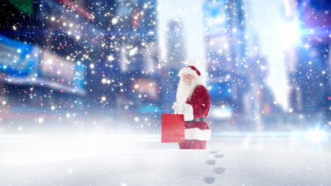 Der-Weihnachtsmann-Geht-Durch-Hohen-Schnee,-Kombiniert-Mit-Fallendem-Schnee
