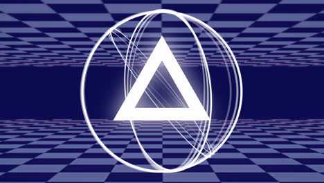 Weißes-Dreieck-Und-Sich-Drehende-Ringe-Mit-Grauen-Schachbrettquadraten,-Die-Sich-Oben-Und-Unten-Auf-Grauem-Ba-Bewegen