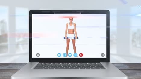 Animation-of-tablet-computer-showing-a-Caucasian-woman-exercising.-Coronavirus--spreading