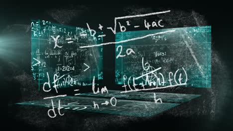 Animation-of-mathematical-equations-written-on-a-chalkboard-over-mathematical-formulae-on-boards-