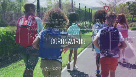 Animation-of-word-coronavirus-and-scientific-information-with-children-in-masks-walking-to-school