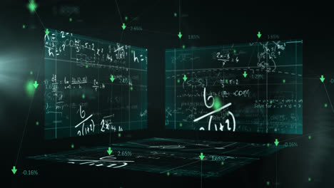 Animation-of-mathematical-formulae-and-green-arrows-floating-over-three-boards-background