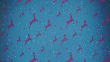 Animation-of-snow-falling-against-christmas-reindeer-pattern-on-blue