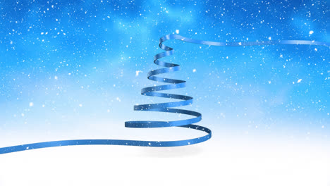 Animation-of-a-Christmas-tree-shape-made-from-a-blue-ribbon-appearing-in-a-blue-sky-