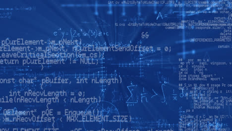 Animation-of-mathematical-formulae-with-data-processing-and-digital-information-on-blue-background