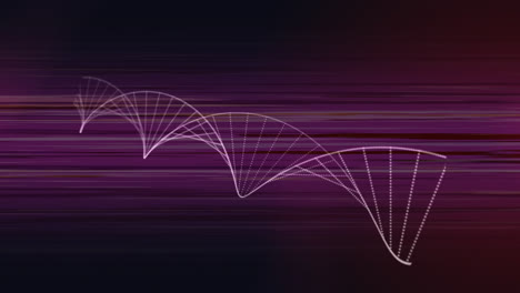 Digitale-Animation-Einer-DNA-Struktur,-Die-Sich-Vor-Lichtspuren-Auf-Violettem-Hintergrund-Dreht