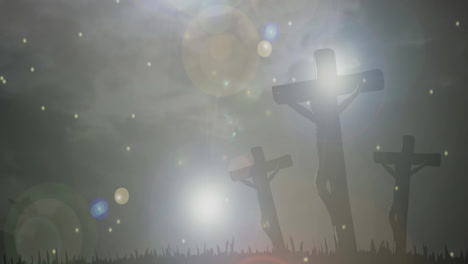Animation-of-three-Christian-crosses-over-moving-glowing-stars
