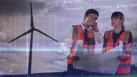 Animación-Del-Giro-De-Turbinas-Eólicas,-Ingenieros-Leyendo-Planos,-Procesamiento-De-Datos-Y-Gráfico-De-Bolsa