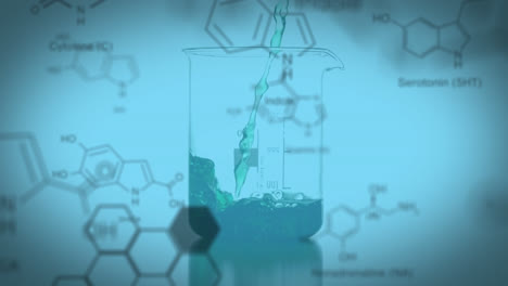 Laboratory-beaker-with-data-and-structural-formula-of-chemical-compounds-in-the-foreground
