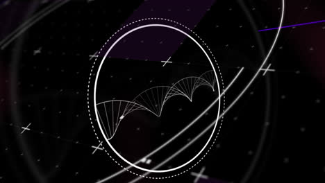Digitale-Animation-Des-Oszilloskop-Scannens-über-Einer-Sich-Drehenden-DNA-Struktur-Auf-Violettem-Hintergrund