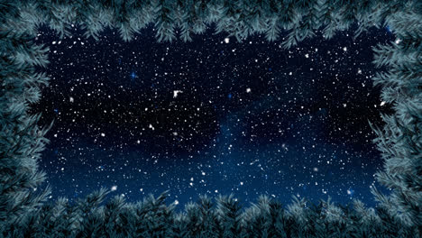 Digitale-Animation-Von-Blättern,-Die-Einen-Rahmen-Vor-Fallendem-Schnee-Und-Leuchtenden-Sternen-Am-Nachthimmel-Bilden