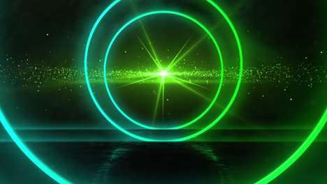 Animation-of-a-tunnel-of-glowing--geometric-with-night-sky-and-glowing-green-star-in-the-background.