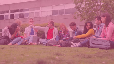 Wow-text-on-speech-bubble-icon-against-college-students-studying-in-the-garden