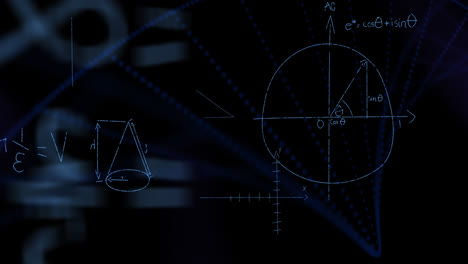 Digitale-Animation-Von-Mathematischen-Gleichungen-Und-Formeln-Gegen-DNA-Struktur,-Die-Sich-Auf-Violettem-Hintergrund-Dreht