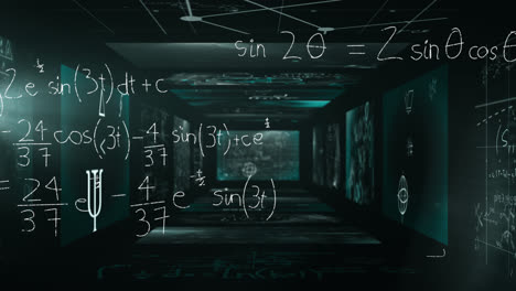 Animation-Von-Mathematischen-Formeln,-Die-Auf-Schwarzen-Wänden-Schweben