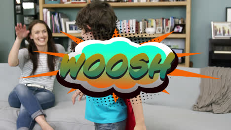 Woosh-text-on-speech-bubble-against-boy-in-superhero-costume-giving-high-five-to-his-mother-g