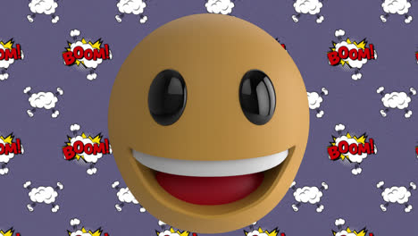 Smiley-Emoji-über-Boom-Text-Auf-Sprechblasen-Vor-Violettem-Hintergrund