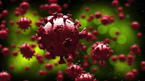 Animation-of-multiple-red-covid-19-cells-floating-on-green-background