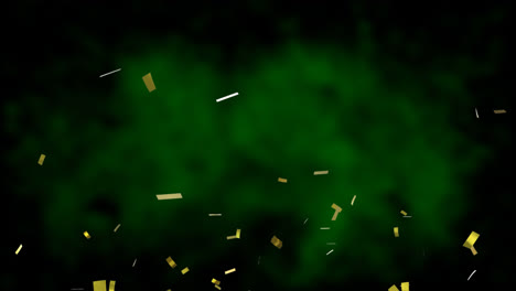 Animation-of-golden-confetti-falling-over-glowing-green-background