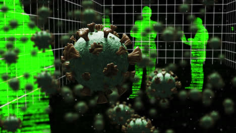 Animation-Mehrerer-Covid-19-Zellen,-Die-über-Grün-Leuchtenden-Silhouetten-Auf-Einem-Gitter-Im-Hintergrund-Schweben