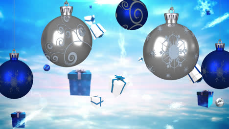Animation-of-christmas-blue-and-silver-baubles