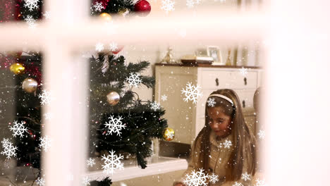 Digital-composition-of-snowflakes-falling-over-girl-opening-christmas-gift-boxes-at-home