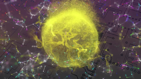 Animation-of-spinning-yellow-ball-of-gas-with-colourful-network-of-connections-over-micropprocessor-