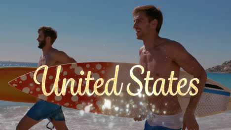 Text-Der-Vereinigten-Staaten-Und-Männer-Mit-Surfbrettern-Am-Strand