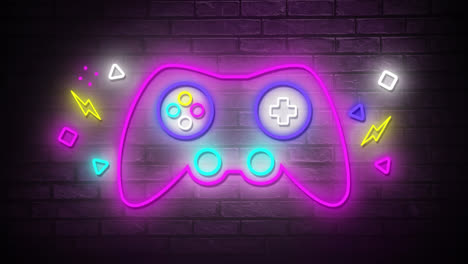 Animation-of-retro-glowing-neon-video-game-pad-flickering-on-purple-brick-wall-in-the-background
