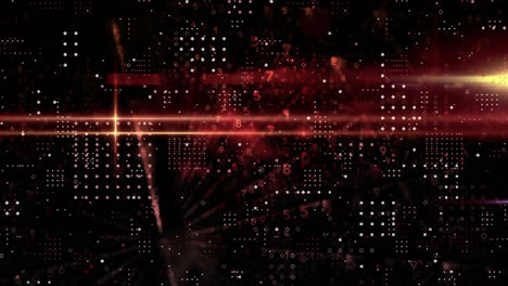 Dots-forming-square-and-red-light-trail-against-black-background