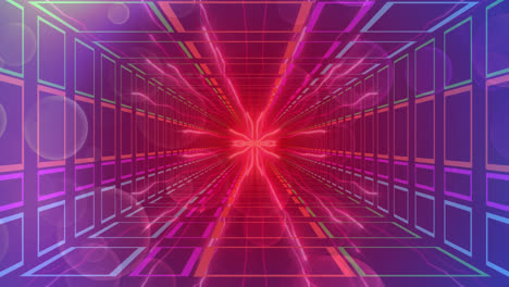 Animation-of-colored-squares-in-tunnel-with-red-glowing-lights-on-purple-background