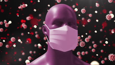 Animation-of-covid-19-cells-floating-over-human-head-with-face-mask-and-spots-of-light-in-background