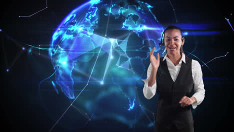 Mixed-race-woman-with-headset-speaking-with-3D-globe-background