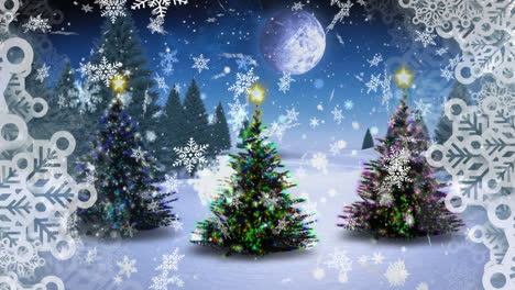 Digitale-Animation-Von-Schneeflocken,-Die-über-Drei-Weihnachtsbäume-In-Einer-Winterlandschaft-Vor-Dem-Mond-Fallen-