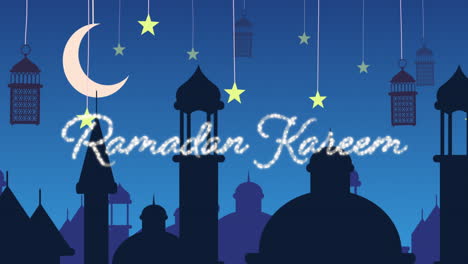 Glitzernder-Ramadan-Kareem-Gruß-Mit-Moscheen-Und-Laternen-Mit-Mond-Und-Sternen