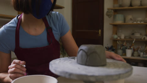 Female-caucasian-potter-wearing-face-mask-and-apron-using-ribbon-tool-to-create-designs-on-pot-at-po