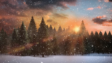 Winter-scenery-with-sunset-and-falling-snow