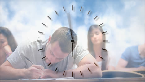 Animation-of-students-sitting-by-desks-over-a-clock-ticking-in-the-background.-