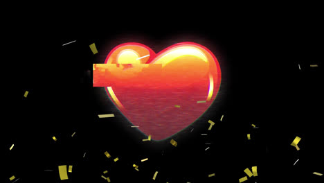 Animation-of-gold-confetti-falling-over-heart-emoticon-on-black-background