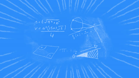 Animation-Mathematischer-Formeln-Und-Datenverarbeitung-Mit-Strahlen-Auf-Blauem-Hintergrund