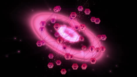 Globus-Mit-Digitalen-Symbolen-Vor-Leuchtend-Rosa-Kreisen