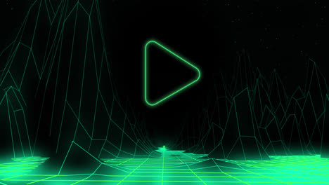 Green-triangle-outline-play-button-on-black-background-with-green-grid-moving-below