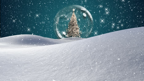 Digitale-Animation-Von-Schnee,-Der-über-Einen-Weihnachtsbaum-In-Einer-Schneekugel-In-Einer-Winterlandschaft-Fällt