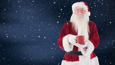 Santa-clause-holding-a-hot-drink-combined-with-falling-snow