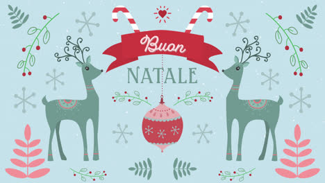 Animation-of-Buan-Natale-words-with-moving-deers-on-Christmas-decorations-background