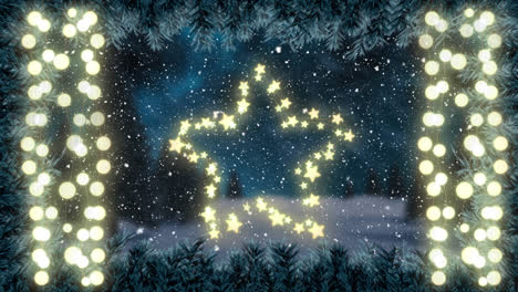 Animation-of-christmas-glowing-star-and-strings-of-fairy-lights-with-winter-scenery-and-snow-falling