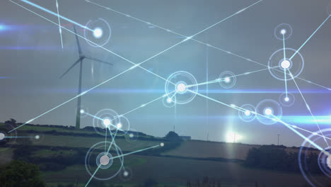 Animation-of-network-connection-with-wind-turbine-in-background