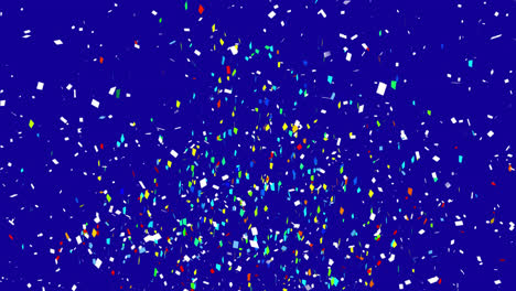 Animation-of-multi-coloured-confetti-falling-against-blue-background