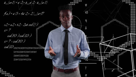 Young-African-American-businessman-talking-with-geometric-forms-background